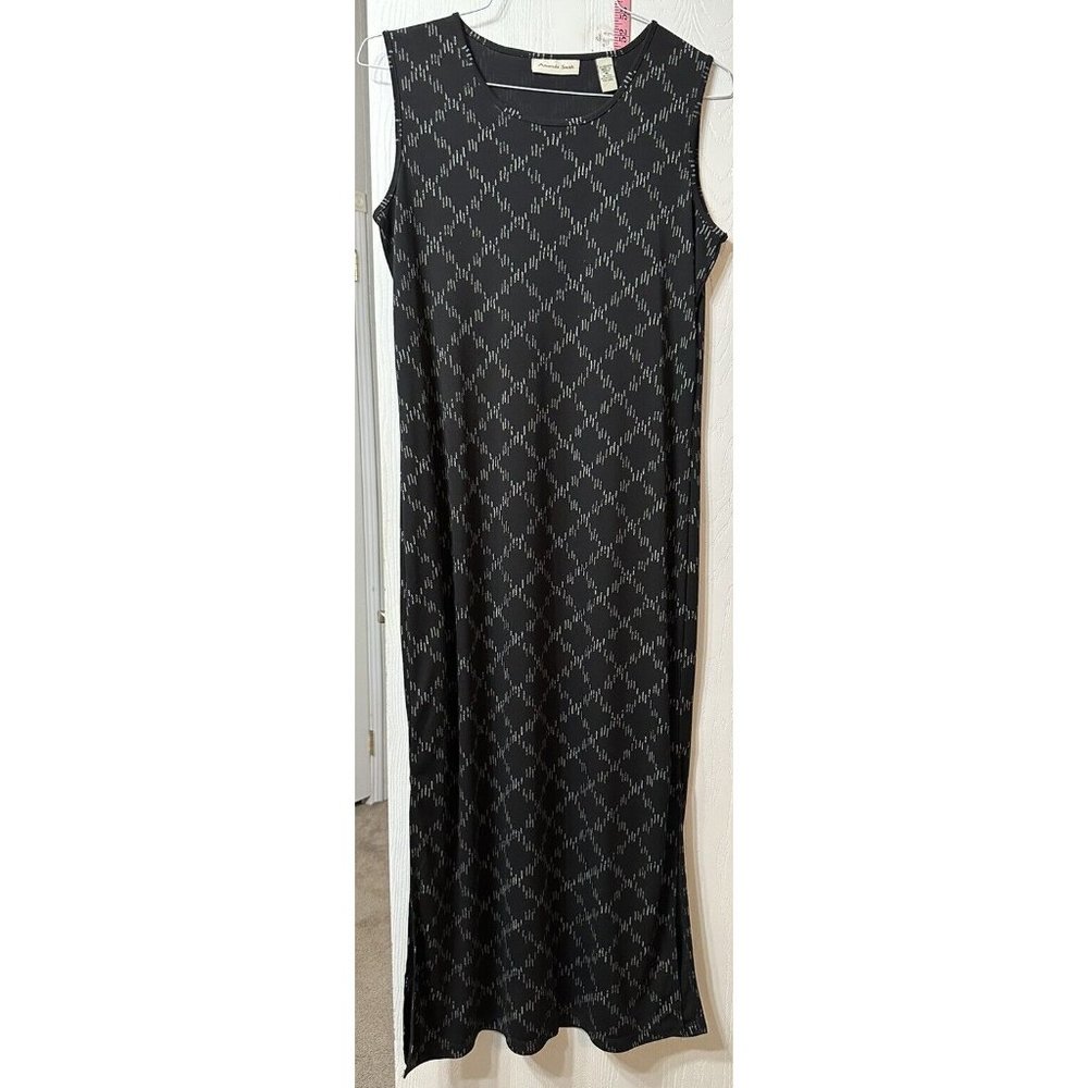 Amanda Smith Sleeveless Stretch Shift Black Geometric Diamond Maxi Dress‎ Slit M